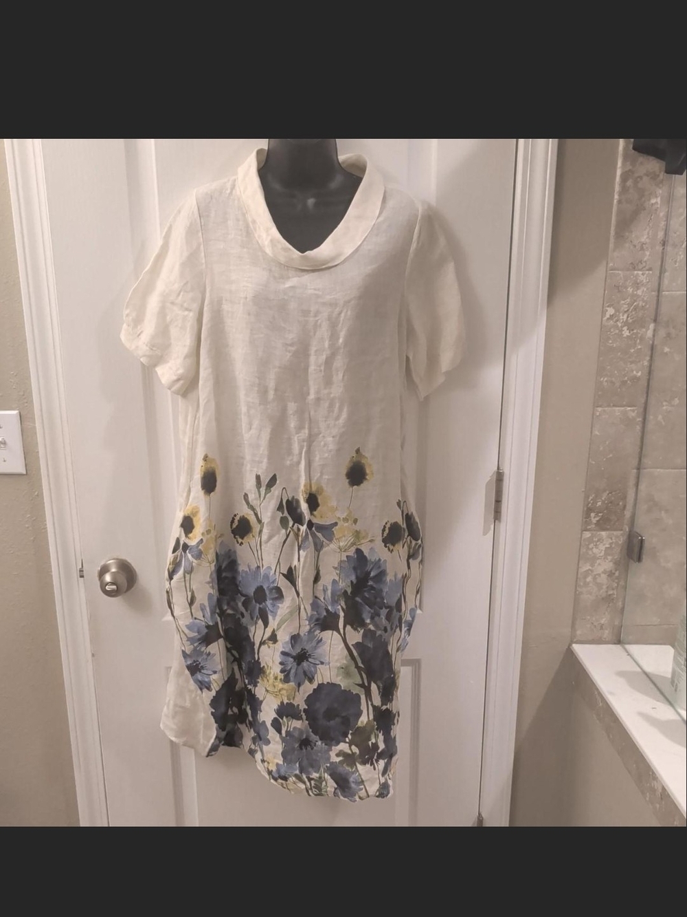 Francesca Bettini Cream 100% Linen Tunic Dress with Blue Floral